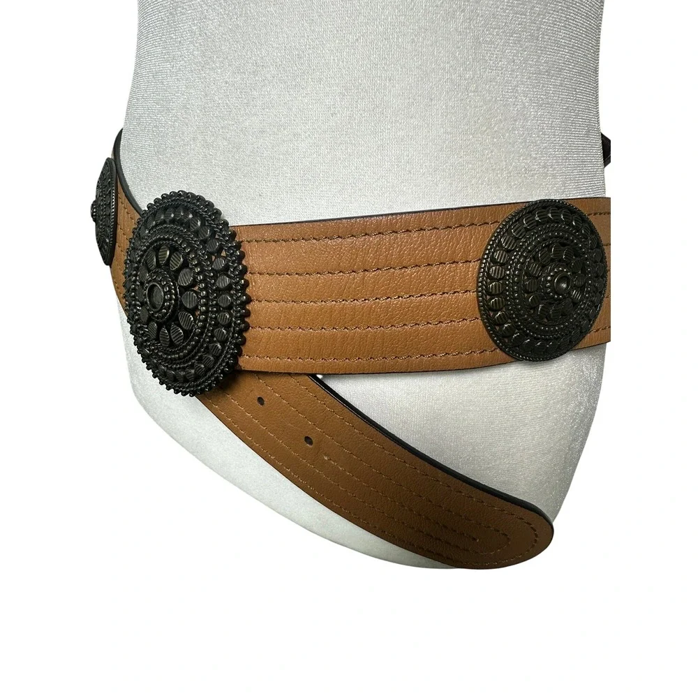 Chico's‎ Brown Leather Medallion Statement Belt Bronze Ornate Boho Wide NEW